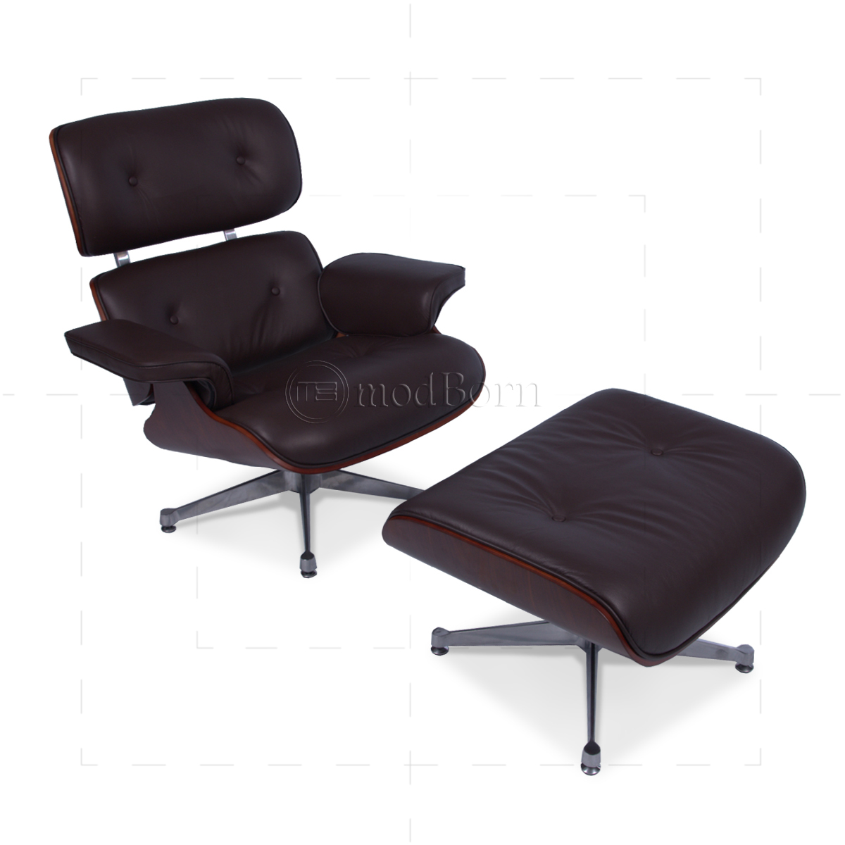 Eames Style Lounge Chair And Ottoman Brown Leather Cherry Wood