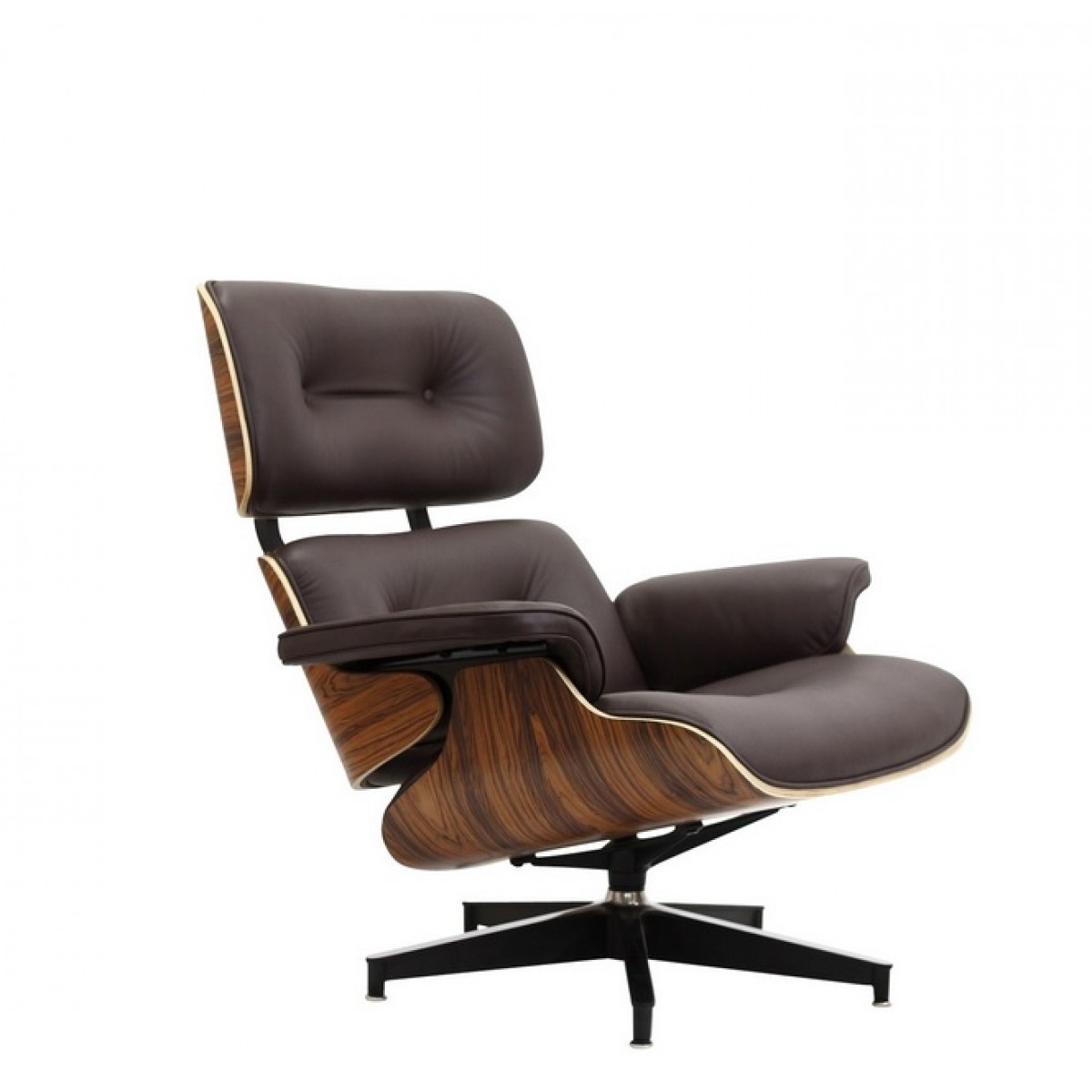 Eames Style Lounge Chair and Ottoman Brown Leather Walnut Wood