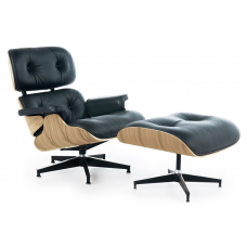 Lounge Chair and Ottoman Black Leather Oak PlyWood