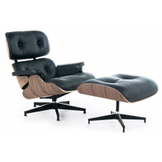 Lounge Chair and Ottoman Black Leather Walnut Wood